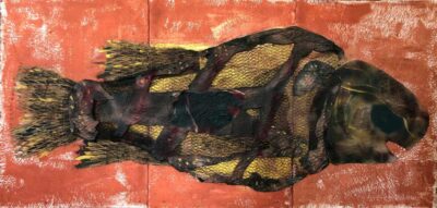 Klaus Becker-Spray paint on paper and wire netting-Extinct bonefish fossil-100x280 cm